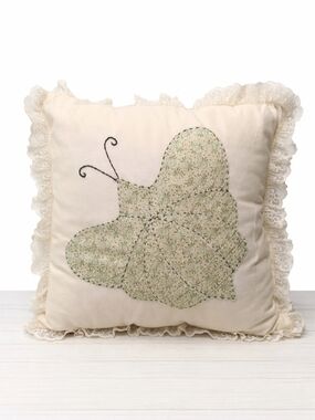 Vintage 1960s Handmade Lace Trim Pillow Butterfly Applique Cottage Decor
